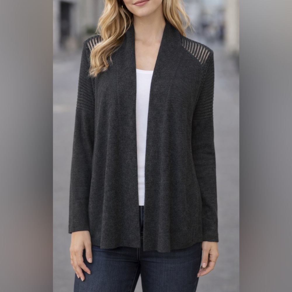 Eileen Fisher Womens Cardigan Sweater Charcoal Gray Large Open Knit